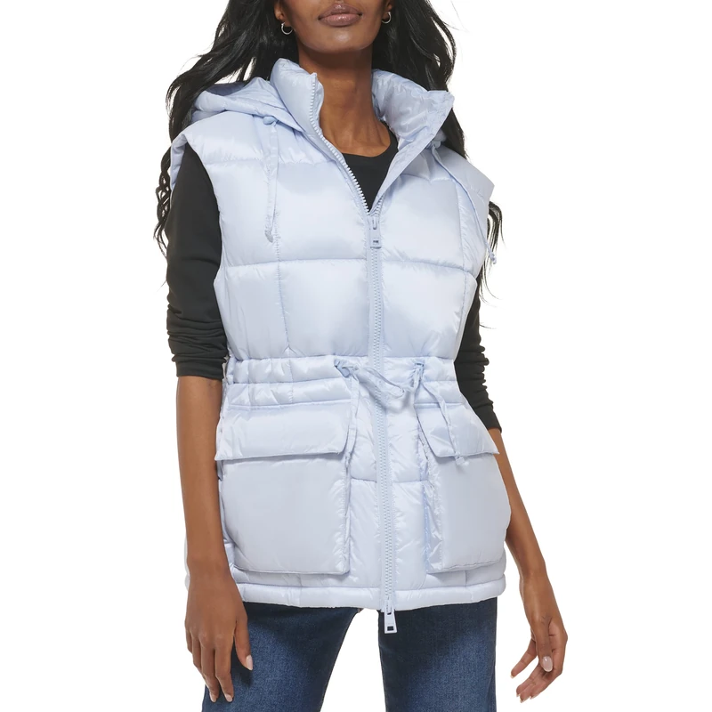 Levi's Women's Quilted Megan Hooded Puffer Jacket, Light Blue Vest, S