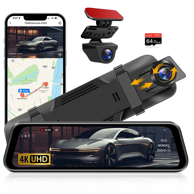 4K Rear View Mirror Dash Cam Front and Rear View Camera 10'' Dash Cam Mirror with Waterproof Reverse Camera WDR Tech Super Night Vision G-Sensor Parking Monitor Wide Angle Dashcam WiFi APP 64GB Card