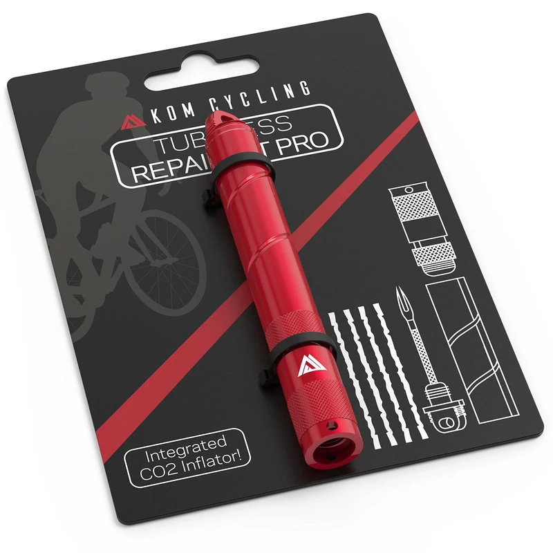 KOM Cycling Tubeless Tyre Repair Kit for Bikes – 8 Colors! Fixes Mountain Bike and Road Bicycle Tyre Punctures – Includes Tyre Repair Fork and Reamer, 8 Bacon Strips. (Red (PRO with CO2 Inflator))