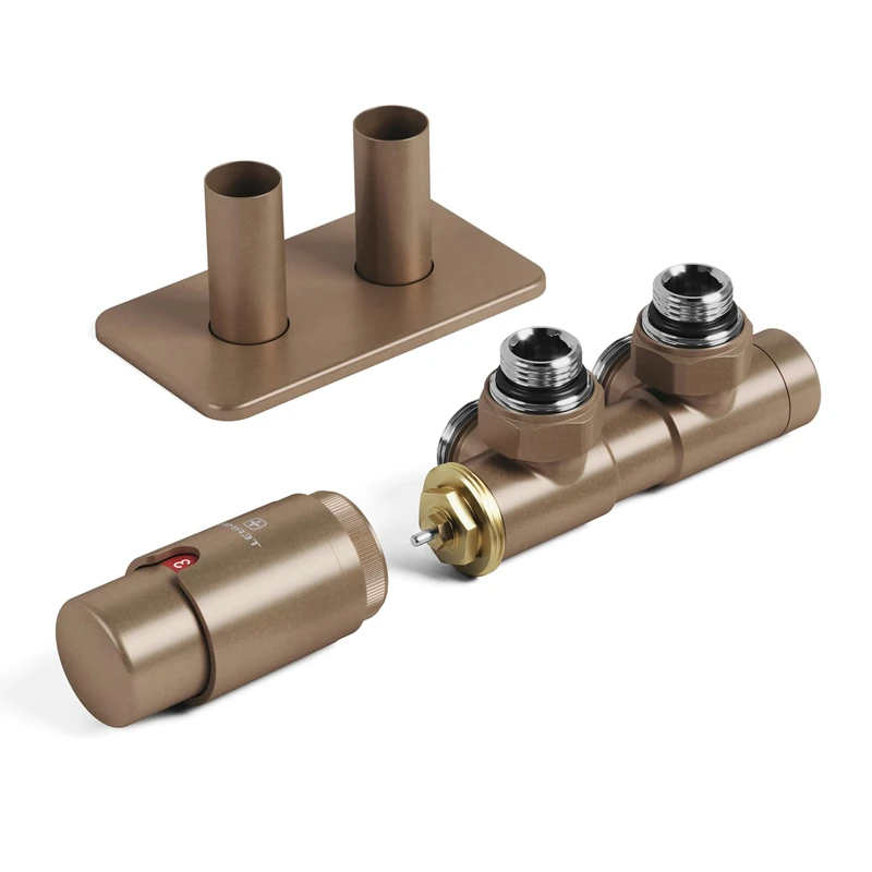 Accessory Valves Terma (Vario) Twins, Angled, 50Mm Integrated Trvs Set Left Sided, With Pipe Masking, Bright Copper