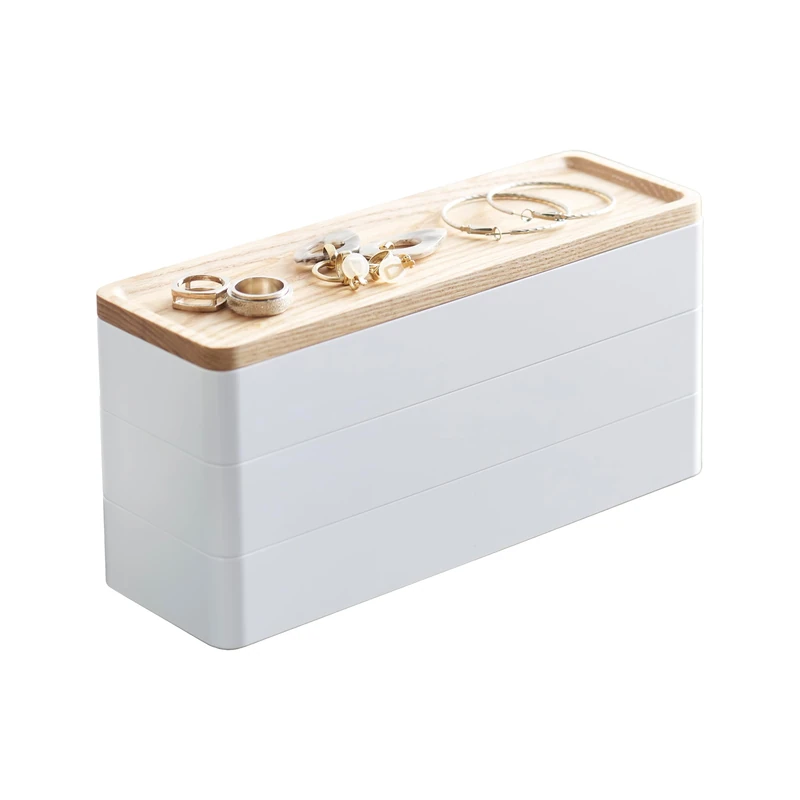YAMAZAKI 5811 RIN 3-Tiered Slim Accessory Case With Lid, white, ABS Resin/Wood, Minimalist, 24 x 8 x 11.5 cm - Image 1