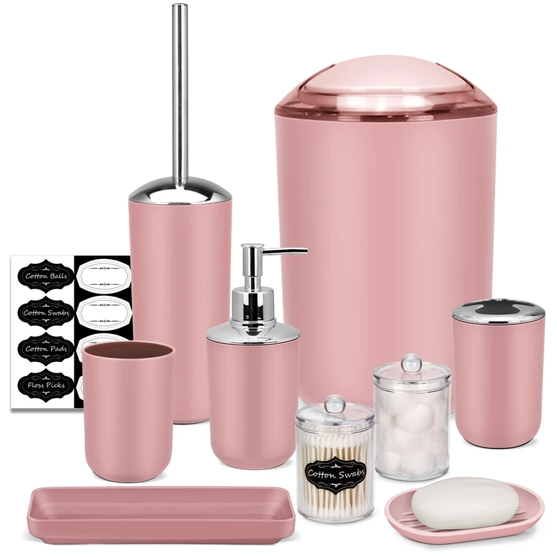 IMAVO Bathroom Accessory Set - 8 Pcs Pink Set with Trash Can, Soap Dispenser, Soap Dish, Toothbrush Holder, Toothbrush Cup, Toilet Brush Holder, Qtip Dispenser
