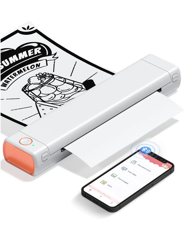 Phomemo M08F Thermal Printer - Portable Wireless A4 Mobile Printers for Home Use Office, Bluetooth Inkless Printer Compatible with Laptops & Smartphone, White Orange