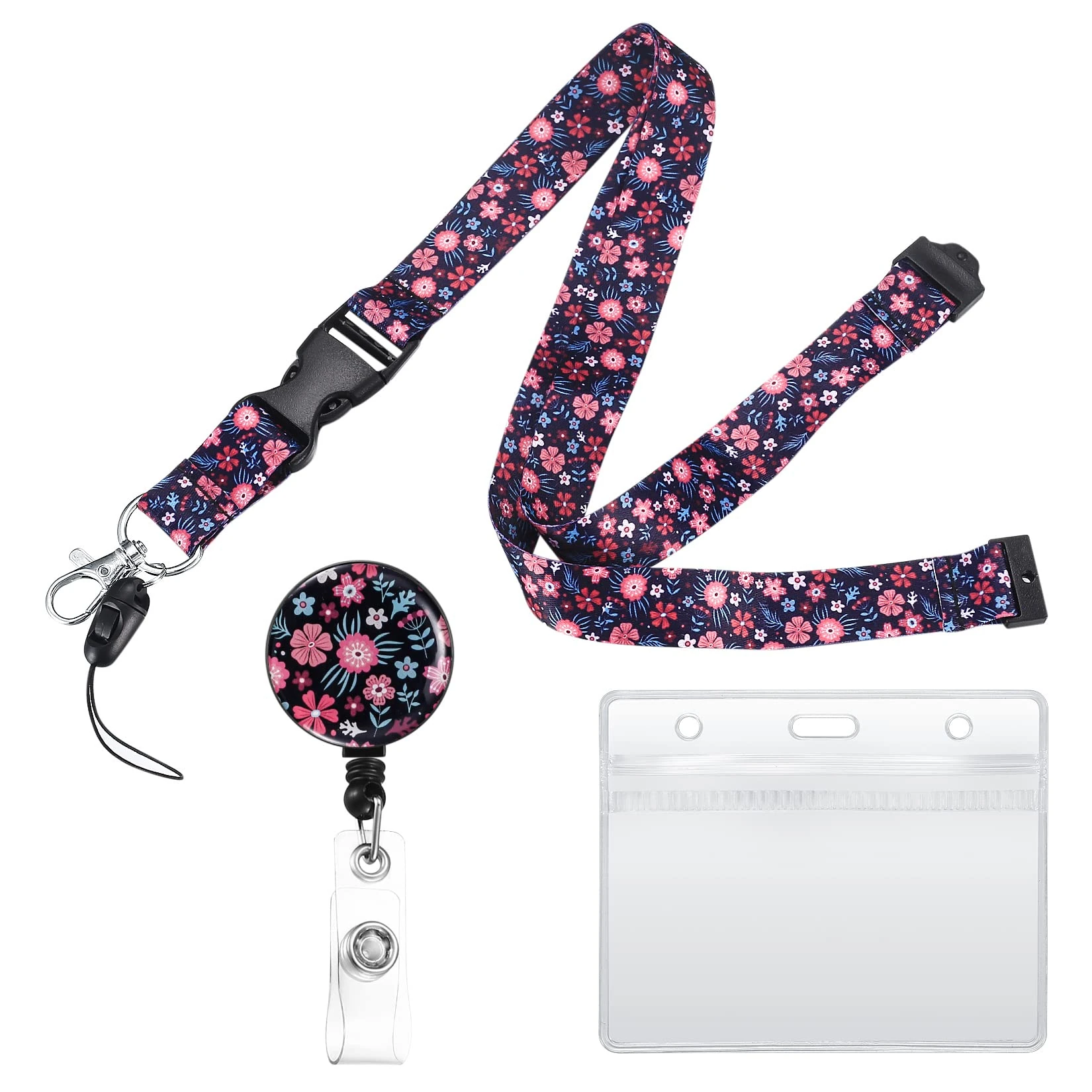 Retractable Lanyard Neck Strap with Retractable Badge Reel and ID Card Badge Holders, Name Badge Holders with Lanyards for Neck Business Office Exhibition School - Small Flower