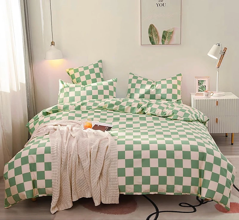 karever Green White Grid Comforter Set Cal King Sage Green Plaid Bedding Set Women Light Green White Checkered Bed Comforter Set Breathable Blanket Set Men Durable Bedding Comforter Set