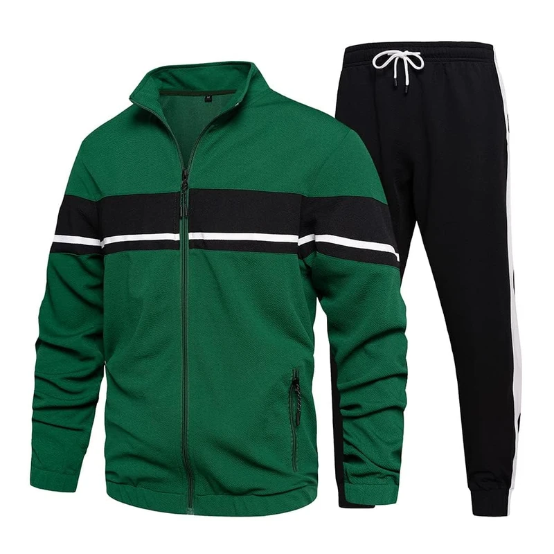LBL Men's Sweat Suit 2 Piece Outfit Casual Contrast Sports Jogging Tracksuits Set, Green, Medium