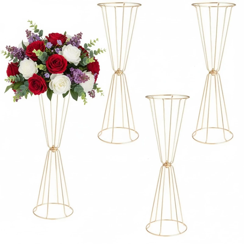 Set of 4 Geometric High Gold Vases for Weddings, 23.6 Inch Flower Table Decorations, Metal Vases for Wedding, Anniversary, Celebration, Party, Birthday, Events, Aisle, Home Decoration
