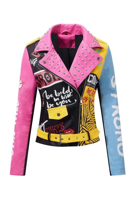 RISISSIDA Women Faux Leather Jacket Studded Rivet Spring Fall Winter Fashion, Moto Biker Trendy Clothes Streetwear Belted, 75 Black-pink, M