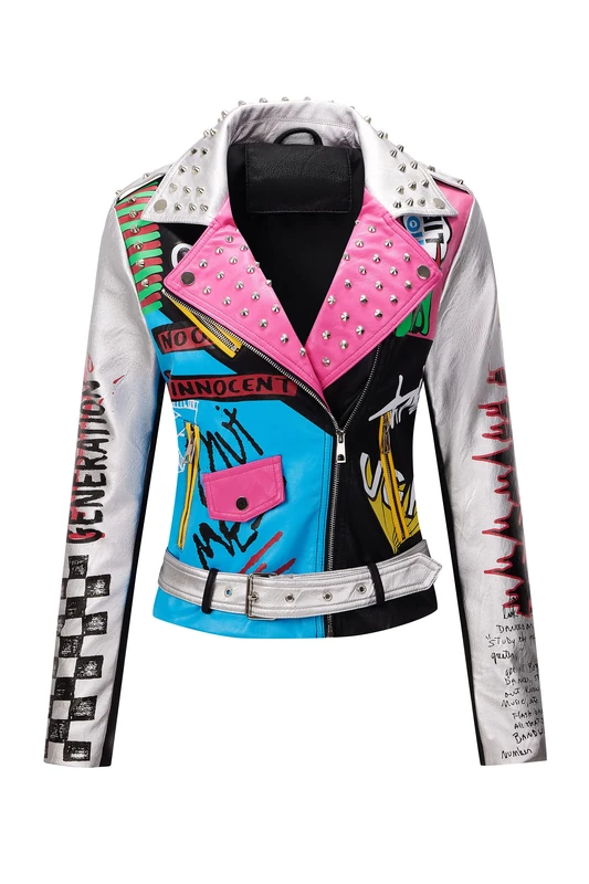 RISISSIDA Women Faux Leather Jacket Studded Rivet Spring Fall Winter Fashion, Moto Biker Trendy Clothes Streetwear Belted, 79 Black-silver, XL