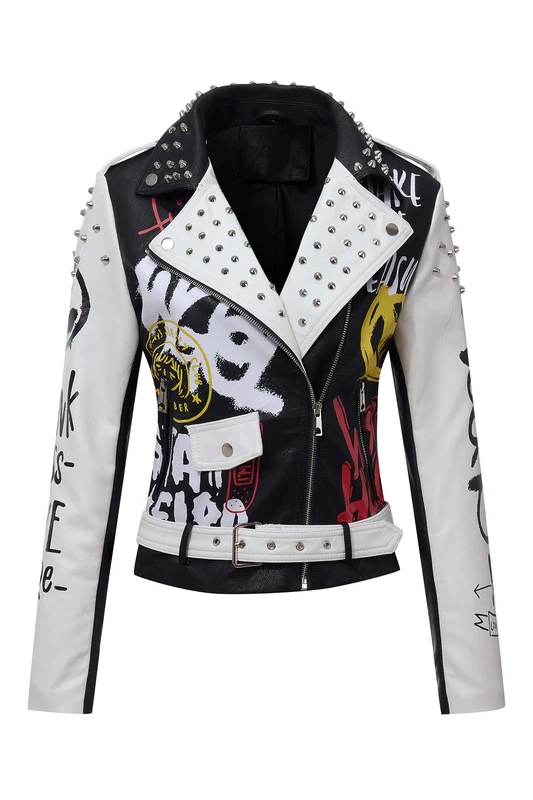 RISISSIDA Women Faux Leather Jacket Studded Rivet Spring Fall Winter Fashion, Moto Biker Trendy Clothes Streetwear Belted, 77 Black-white, XL