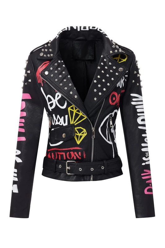 RISISSIDA Women Faux Leather Jacket Studded Rivet Spring Fall Winter Fashion, Moto Biker Trendy Clothes Streetwear Belted, 80 Black, S