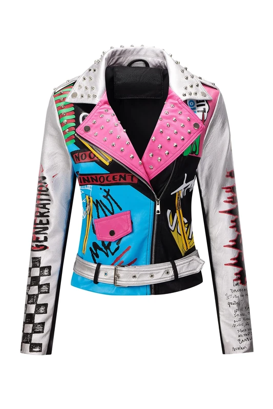 RISISSIDA Women Faux Leather Jacket Studded Rivet Spring Fall Winter Fashion, Moto Biker Trendy Clothes Streetwear Belted, 79 Black-silver, L