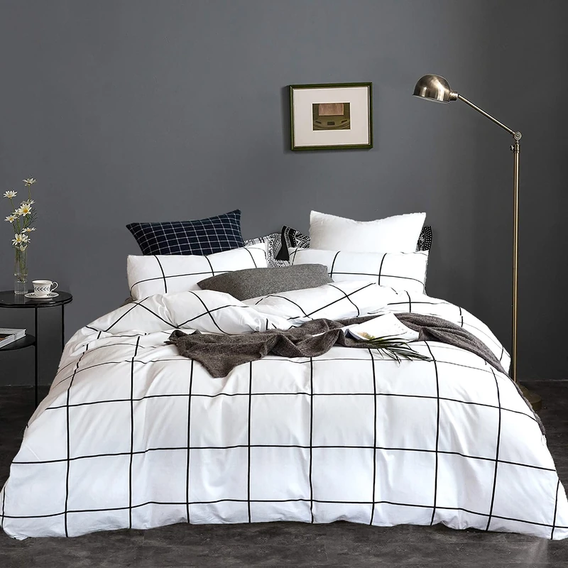 karever White Grid Comforter Set Big Grid Bedding Set Twin Cotton White with Black Plaid Printed Stripes Women Checkered Comforters Bedding Set White Grid Bed Blanket Set White Plaid Comforter