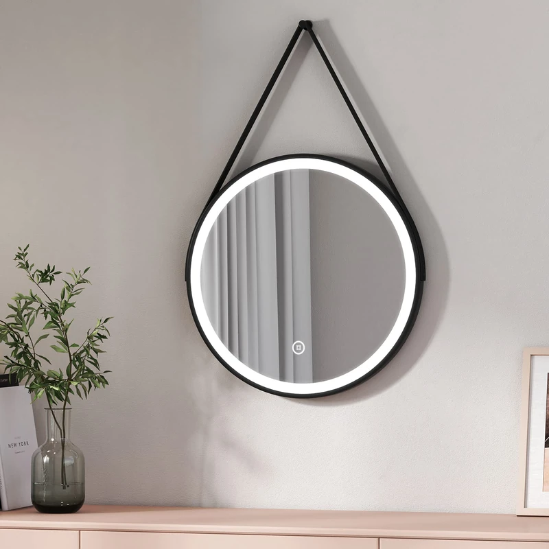 EMKE Bathroom Mirror with Lighting, Round LED Bathroom Mirror 50 cm with Touch Switch White Light 6500 K Black Frame