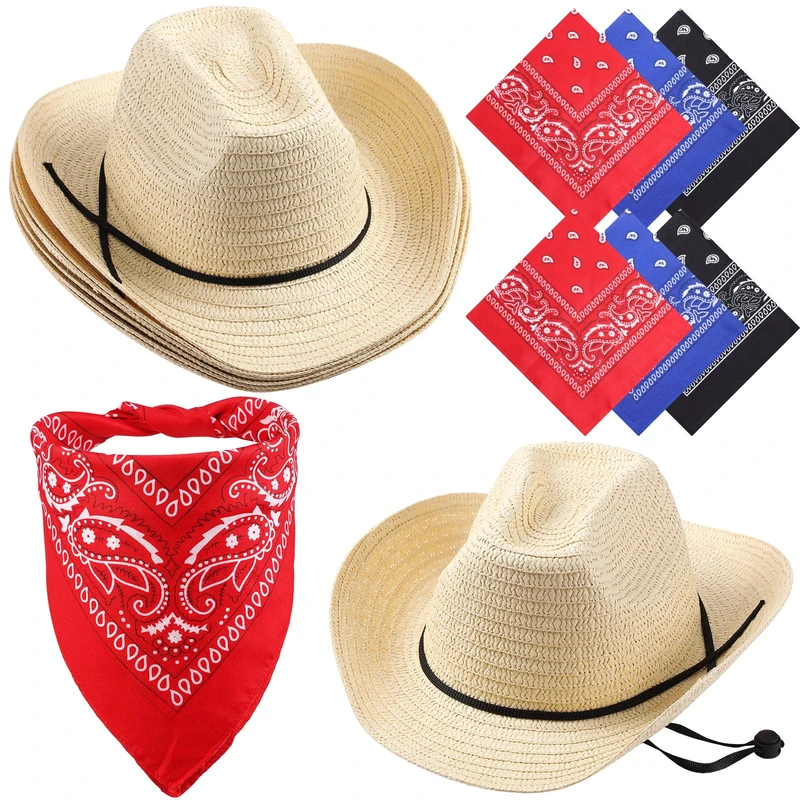 12 Pcs Straw Cowboy Hats with Bandanas Set Cowboy Party Accessories Pack Classic Cowboy Hat Costume and Red Blue Black Bandanas for Western Birthday Cowboy Party Supplies, Beige, Red, Black, One size