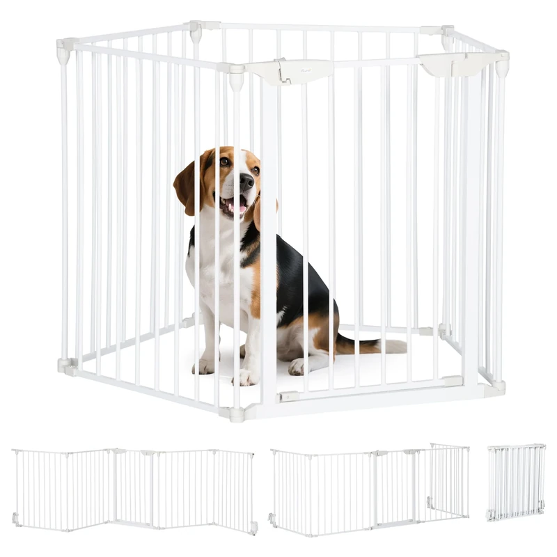 PawHut Pet Safety Gate 5 Panels Playpen Metal Fence w/ Walk Through Door - White