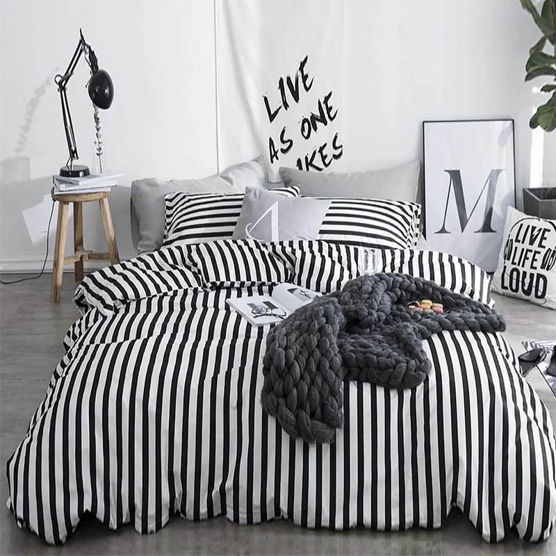 karever White and Black Stripes Comforter Set Cal King Women Bedding Set Soft Durable White Striated Bedding Set Black Stripes Cal King Quilts Hotel Quality Comforter Girls White Black Stripes Bed Set