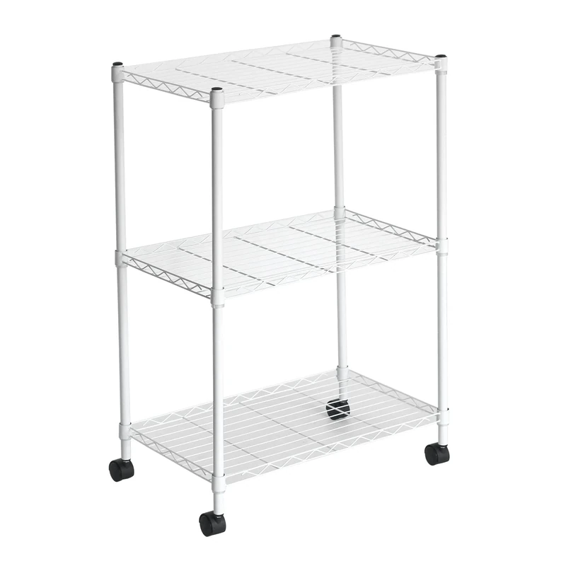 Catter House Klaus Metal Shelf with Grid 80 – 56 x 35 x 80 cm, White with Wheels and 3 Shelves, Holds up to 105 kg, Easy Mounting with Hooks for Hanging
