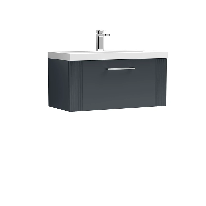 nuie DPF1496A Deco Modern Bathroom Wall Hung 1 Drawer Part Fluted Vanity Unit with Mid-Edge Ceramic Basin, Soft Black