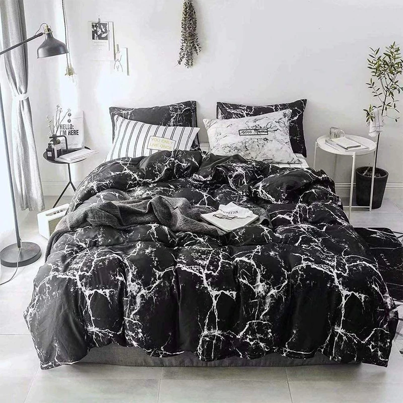 CLOTHKNOW Black Grey White Marble Comforter Set California King All Season
