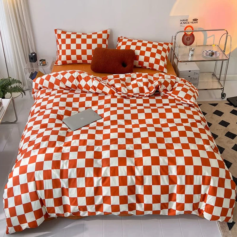 Wellboo Orange White Plaid Comforter Sets California King Women Girls Light Red Checkerboard Bedding Comforters Cal King Cotton Rust Caramel and White Checkered Geometric Quilts Modern Abstract Bed
