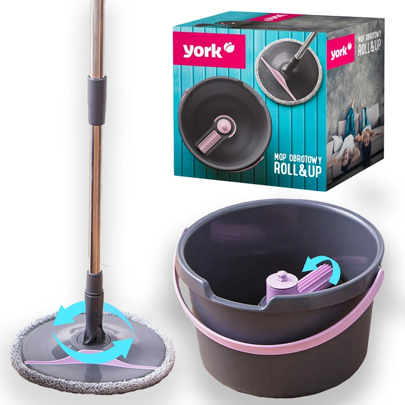 YORK Roll&Up Wet Dry Mop with Bucket, Telescopic Handle, Innovative Wring Function, Folding Plate, Mop Cover with Velcro Cleaning Set, Clean Every Angle of Your Home, Grey and Pink, 4072830-001831