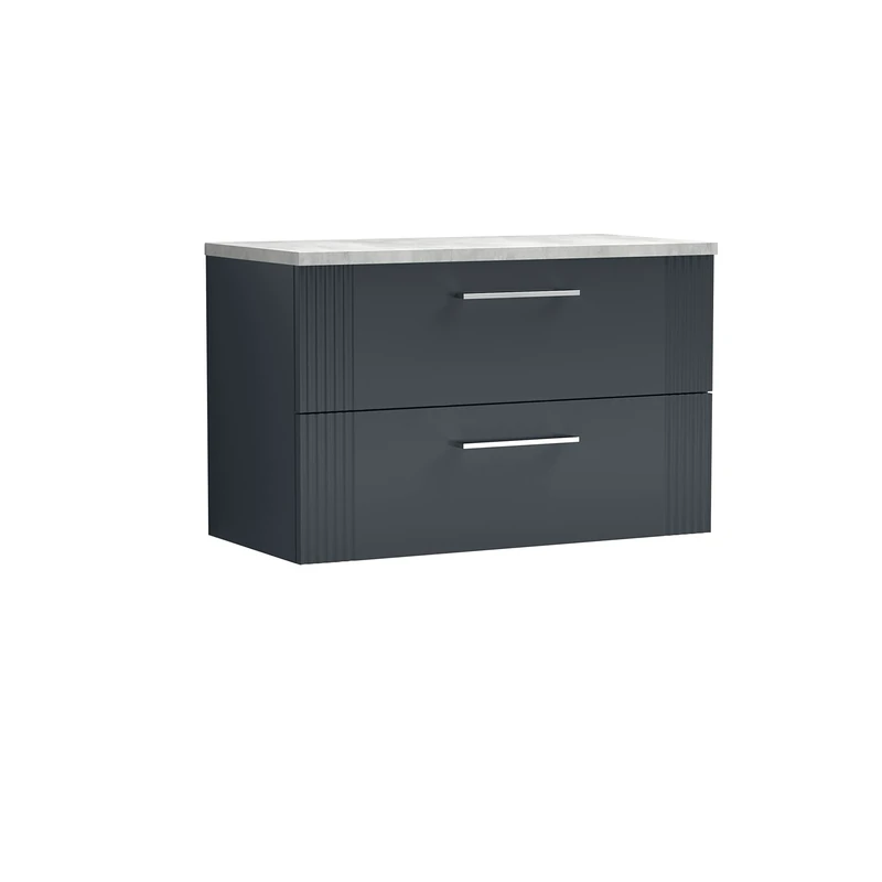 nuie DPF1495LBG Deco Modern Bathroom Wall Hung 2 Drawer Part Fluted Vanity Basin Unit with Laminate Bellato Grey Worktop, 800mm, Soft Black