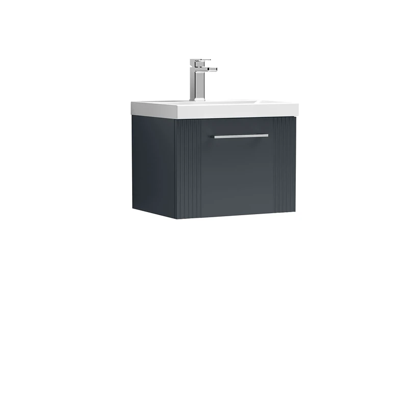 nuie DPF1491A Deco Modern Bathroom Wall Hung 1 Drawer Part Fluted Vanity Unit with Mid-Edge Ceramic Basin, Soft Black
