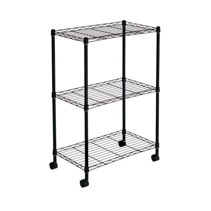 Catter House Klaus Metal Shelf with Grid 80 – 56 x 35 x 80 cm, Black with Wheels and 3 Shelves, Holds up to 105 kg, Easy Mounting with Hooks for Hanging