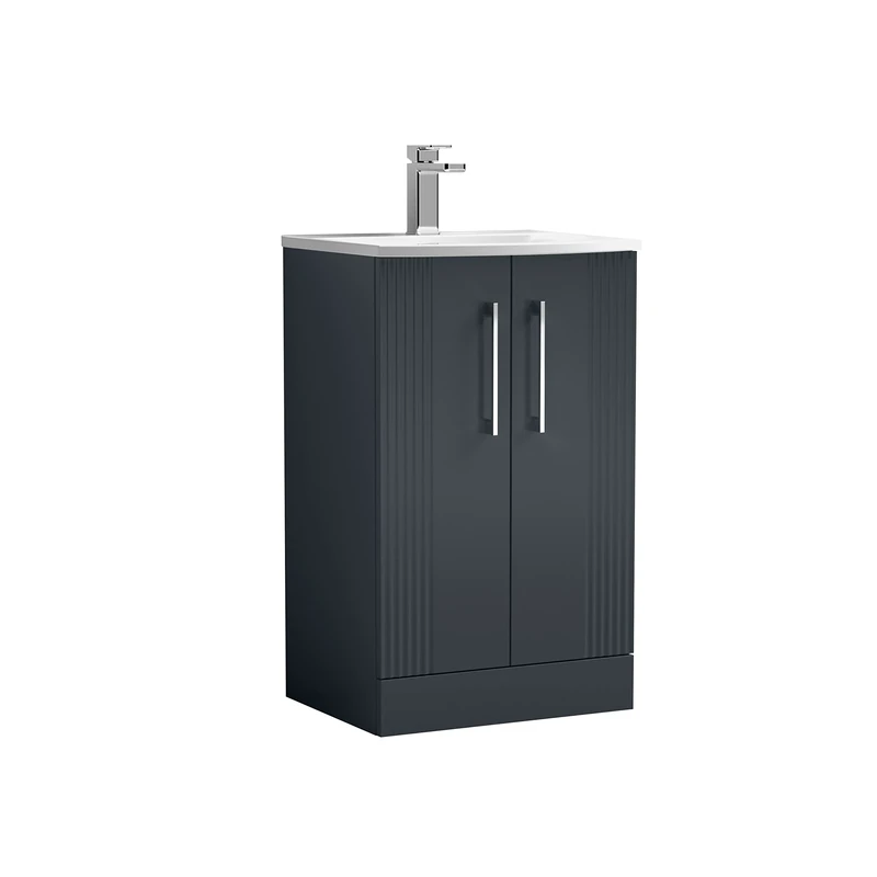 nuie DPF1423G Deco Modern Bathroom Floor Standing 2 Door Part Fluted Vanity Unit with Curved Ceramic Basin, Satin Anthracite