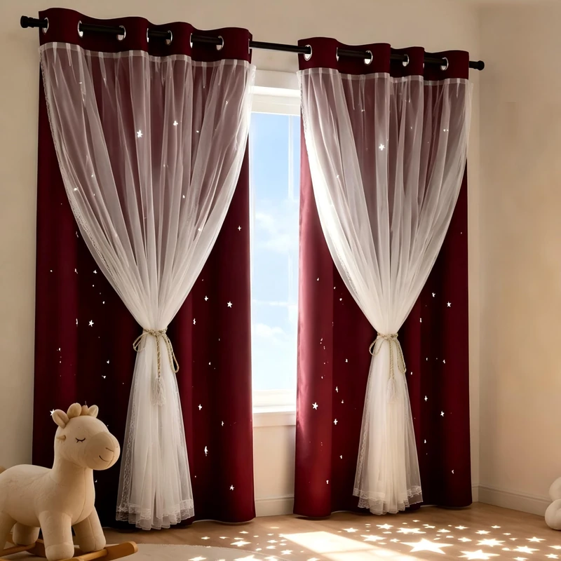 Kinryb Star Cutout Blackout Curtains Double Layer Curtains with Durable Sheer Curtains for Bedroom Thermal Insulated Window Treatment Set with 2 Free Tiebacks (52Wx72L 2 Panels Red)