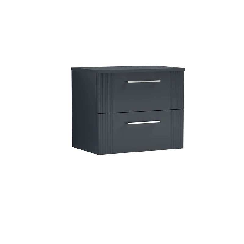 nuie DPF1493W Deco Modern Bathroom Wall Hung 2 Drawer Part Fluted Vanity Basin Unit with Worktop, 600mm, Soft Black
