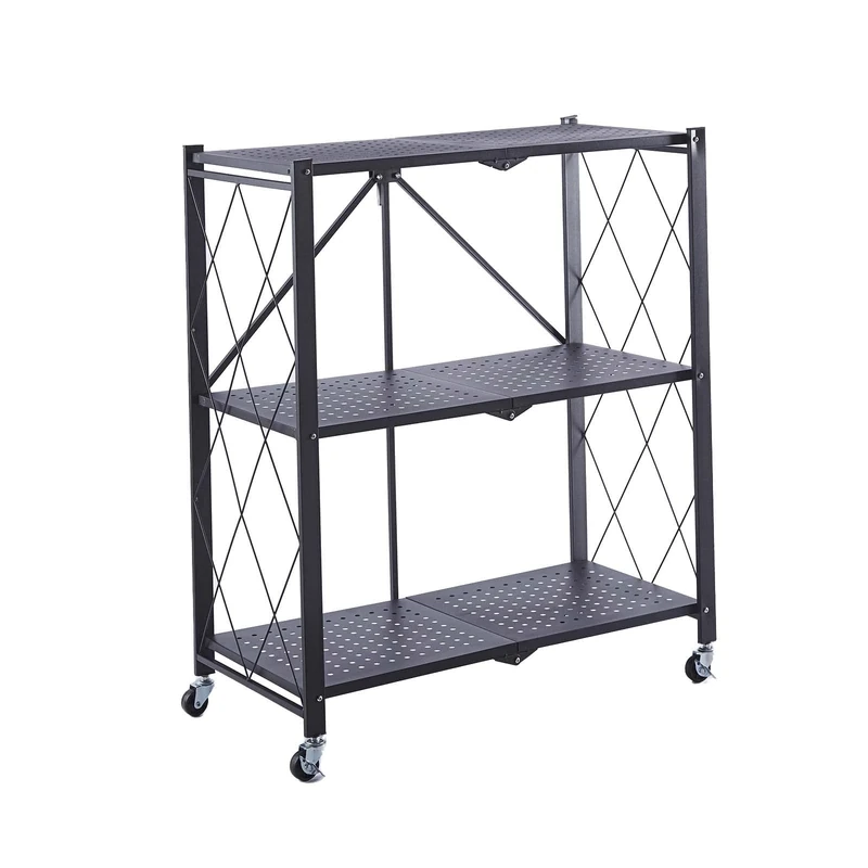 Catter House Kim 84-71.5 x 36 x 84 cm Black Metal Folding Shelf with 360 Degree Swivel Wheels and 3 Shelves Holds up to 120 kg