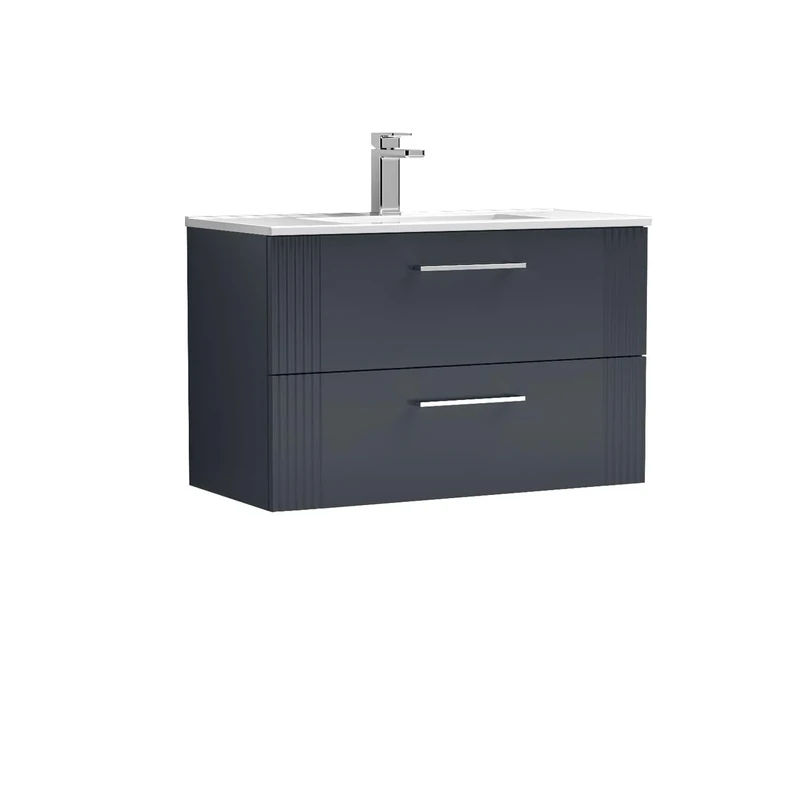 nuie DPF1495B Deco Modern Bathroom Wall Hung 2 Drawer Part Fluted Vanity Basin Unit with Minimalist Ceramic Basin, 800mm, Soft Black