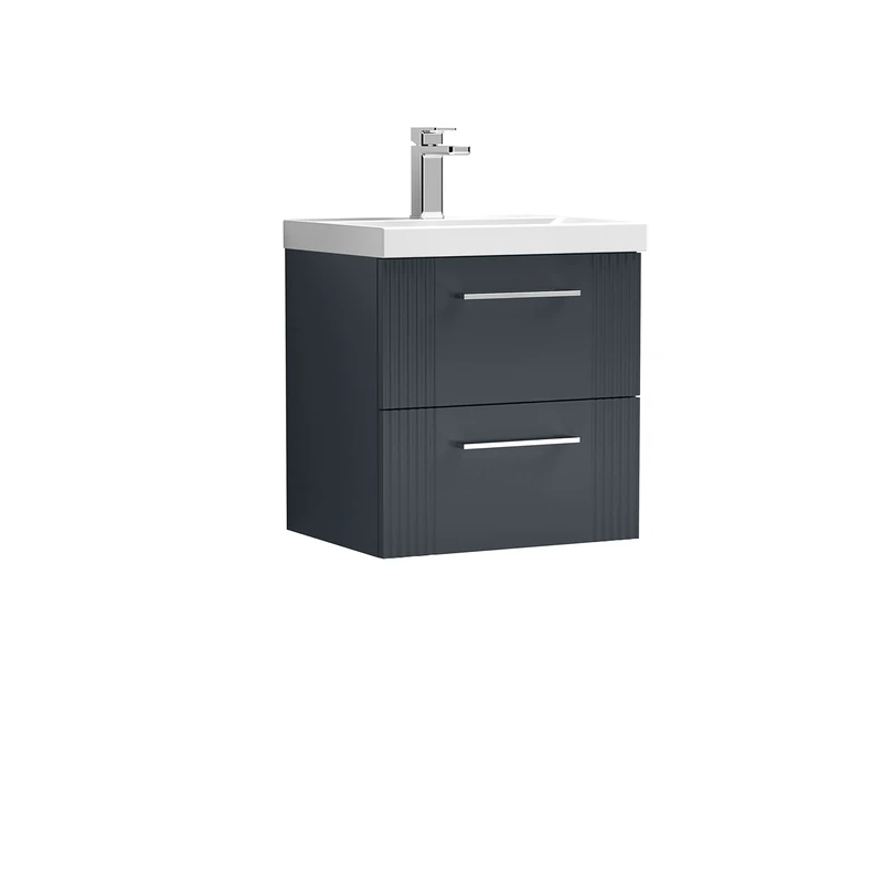 nuie DPF1492A Deco Modern Bathroom Wall Hung 2 Drawer Part Fluted Vanity Unit with Mid-Edge Ceramic Basin, Satin Anthracite