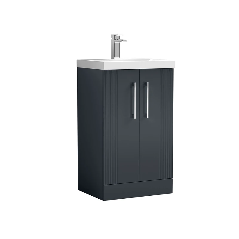 nuie DPF1423D Deco Modern Bathroom Floor Standing 2 Door Part Fluted Vanity Basin Unit with Thin-Edge Ceramic Basin, 500mm, Soft Black