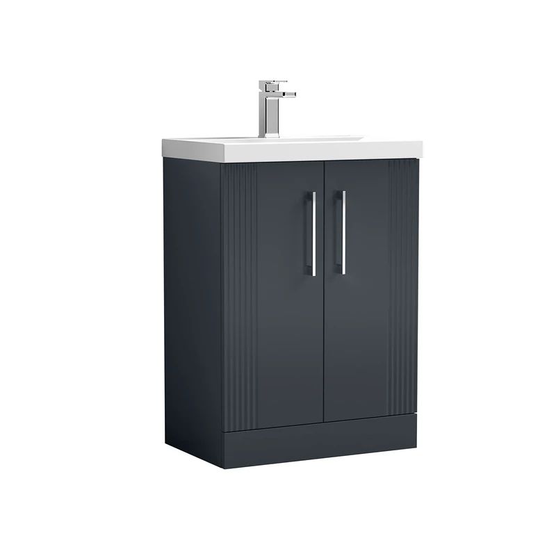 nuie DPF1425D Deco Modern Bathroom Floor Standing 2 Door Part Fluted Vanity Basin Unit with Thin-Edge Ceramic Basin, 600mm, Soft Black
