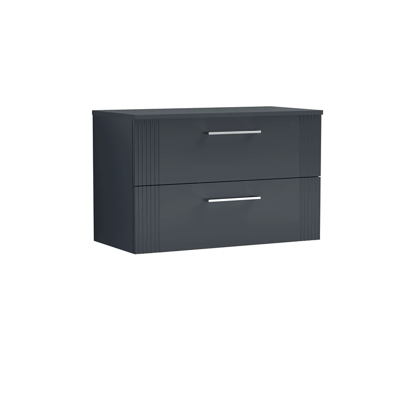 nuie DPF1495W Deco Modern Bathroom Wall Hung 2 Drawer Part Fluted Vanity Basin Unit with Worktop, 800mm, Soft Black