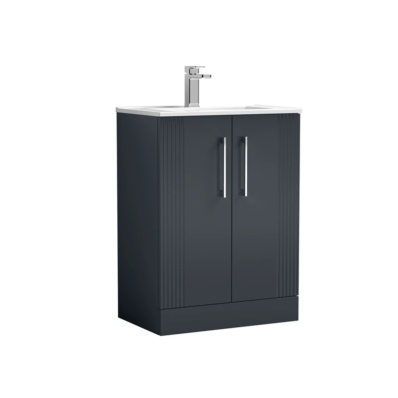 nuie DPF1425B Deco Modern Bathroom Floor Standing 2 Door Part Fluted Vanity Basin Unit with Minimalist Ceramic Basin, 600mm, Soft Black
