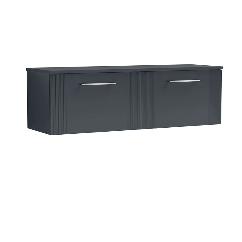 nuie DPF1494W2 Deco Modern Bathroom Wall Hung 2 Drawer Part Fluted Vanity Basin Unit with Double Worktop, 1200mm, Soft Black