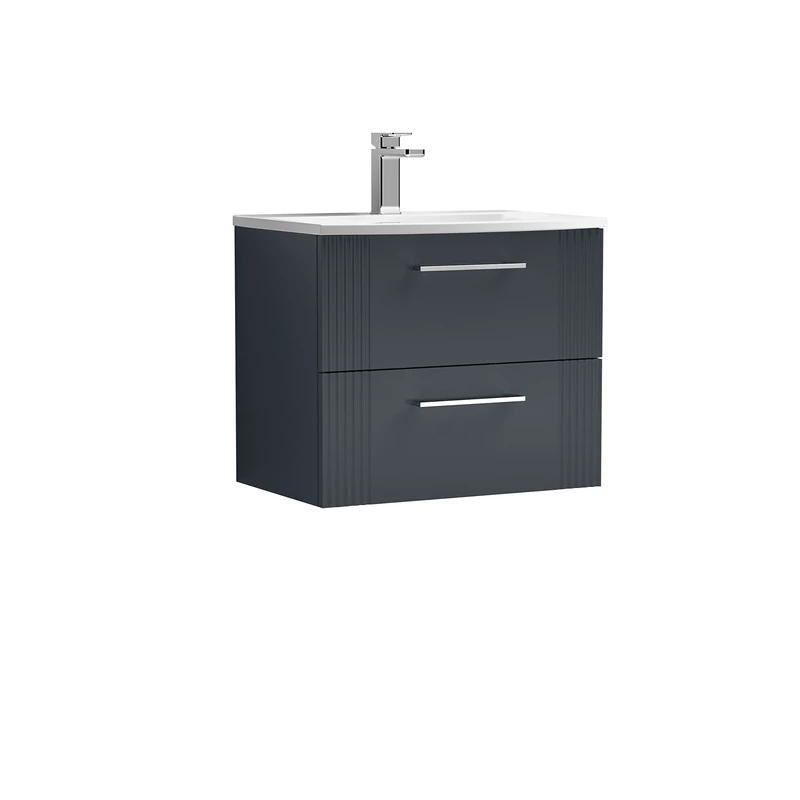 nuie DPF1493G Deco Modern Bathroom Wall Hung 2 Drawer Part Fluted Vanity Basin Unit with Curved Ceramic Basin, 600mm, Soft Black