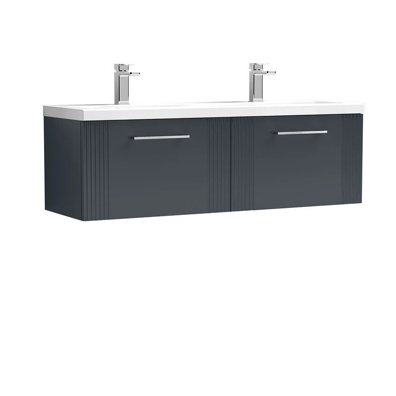 nuie DPF1494F Deco Modern Bathroom Wall Hung 2 Drawer Part Fluted Vanity Basin Unit with Twin Ceramic Basin, 1200mm, Soft Black