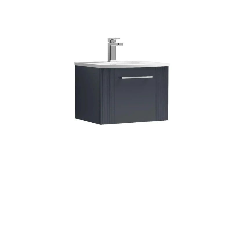 nuie DPF1491G Deco Modern Bathroom Wall Hung 1 Drawer Part Fluted Vanity Unit with Curved Ceramic Basin, Soft Black, Small