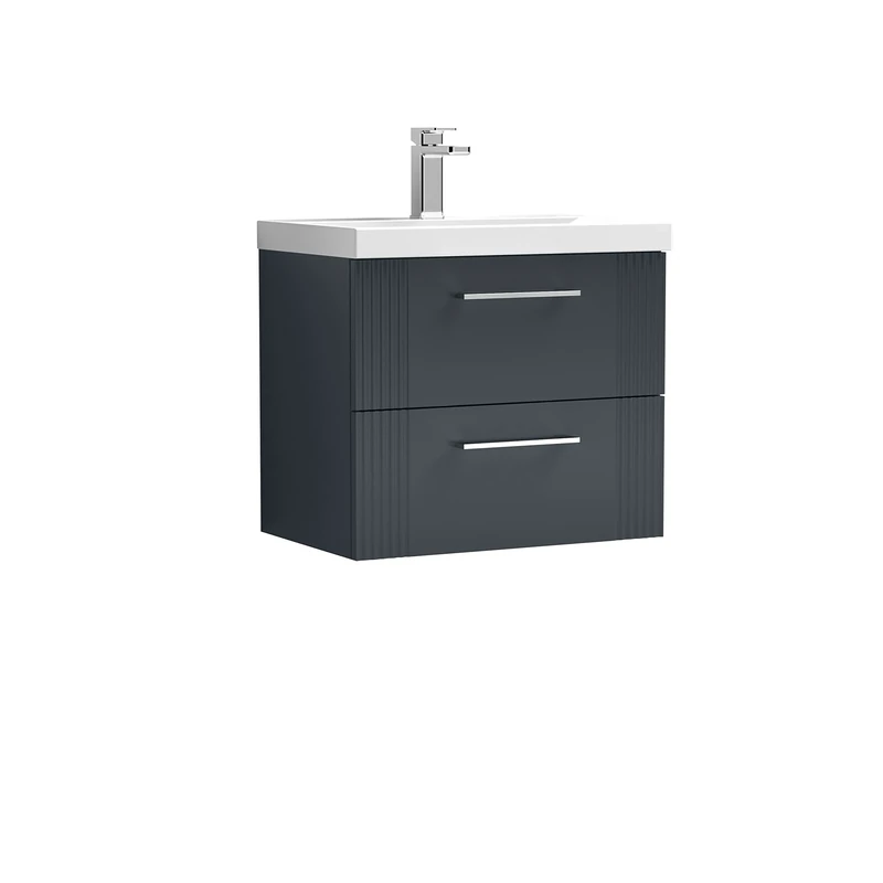 nuie DPF1493D Deco Modern Bathroom Wall Hung 2 Drawer Part Fluted Vanity Unit with Thin-Edge Ceramic Basin, Satin Anthracite