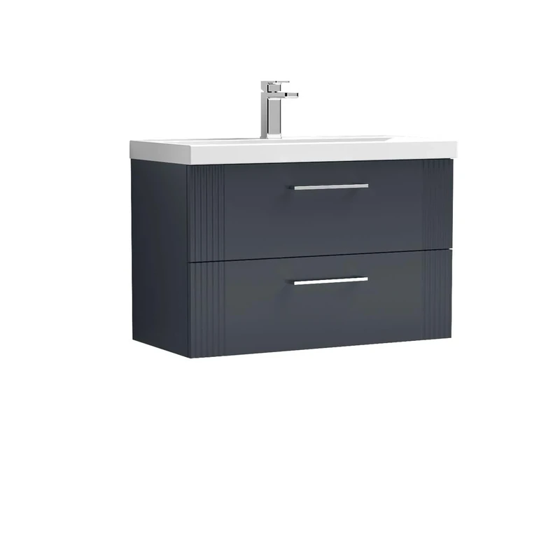 nuie DPF1495A Deco Modern Bathroom Wall Hung 2 Drawer Part Fluted Vanity Basin Unit with Mid-Edge Ceramic Basin, 800mm, Soft Black