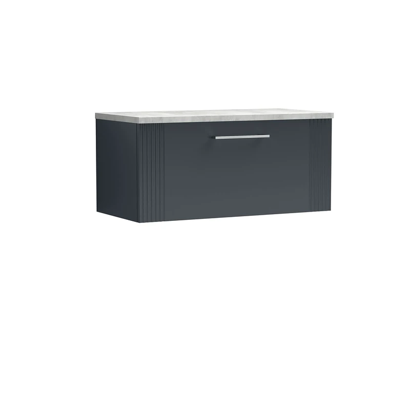 nuie DPF1496LBG Deco Modern Bathroom Wall Hung 1 Drawer Part Fluted Vanity Basin Unit with Laminate Bellato Grey Worktop, Satin Anthracite