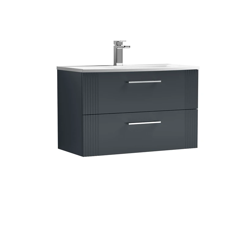 nuie DPF1495G Deco Modern Bathroom Wall Hung 2 Drawer Part Fluted Vanity Basin Unit with Curved Ceramic Basin, 800mm, Soft Black