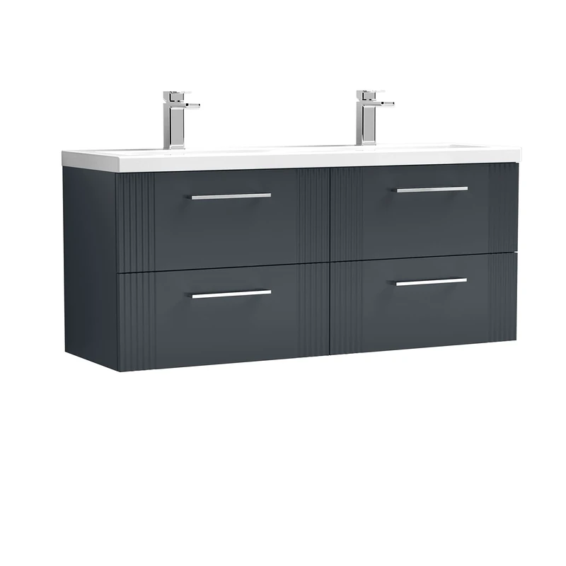 nuie DPF1493F Deco Modern Bathroom Wall Hung 4 Drawer Part Fluted Vanity Unit with Twin Ceramic Basin, Soft Black
