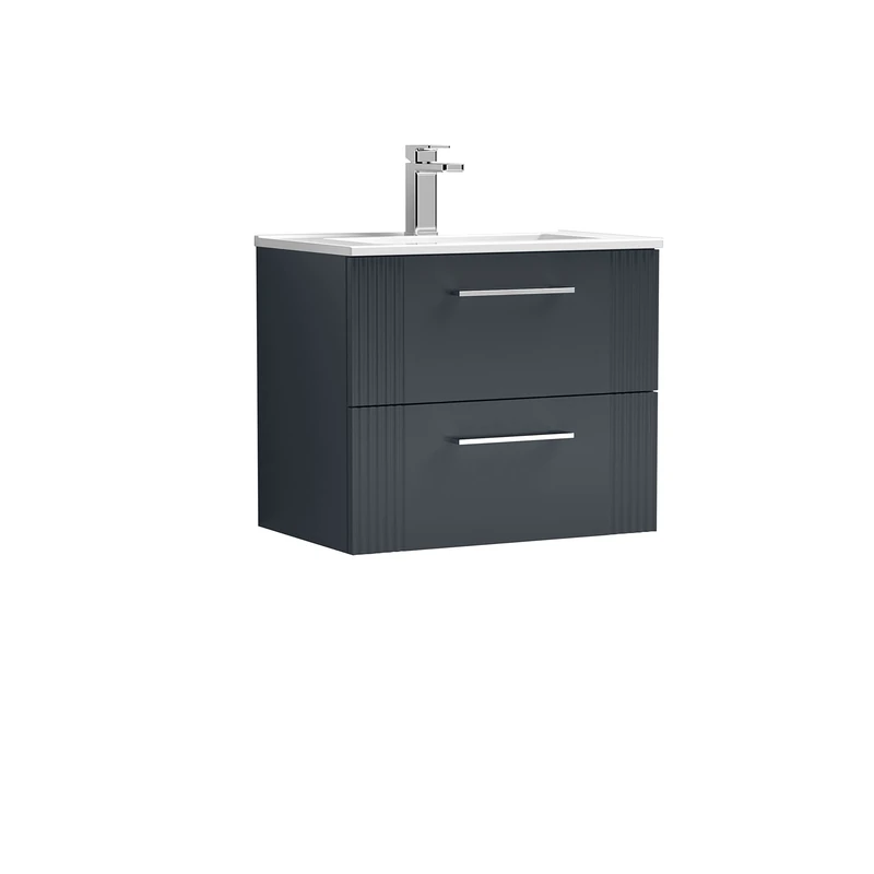 nuie DPF1493B Deco Modern Bathroom Wall Hung 2 Drawer Part Fluted Vanity Unit with Minimalist Ceramic Basin, Soft Black