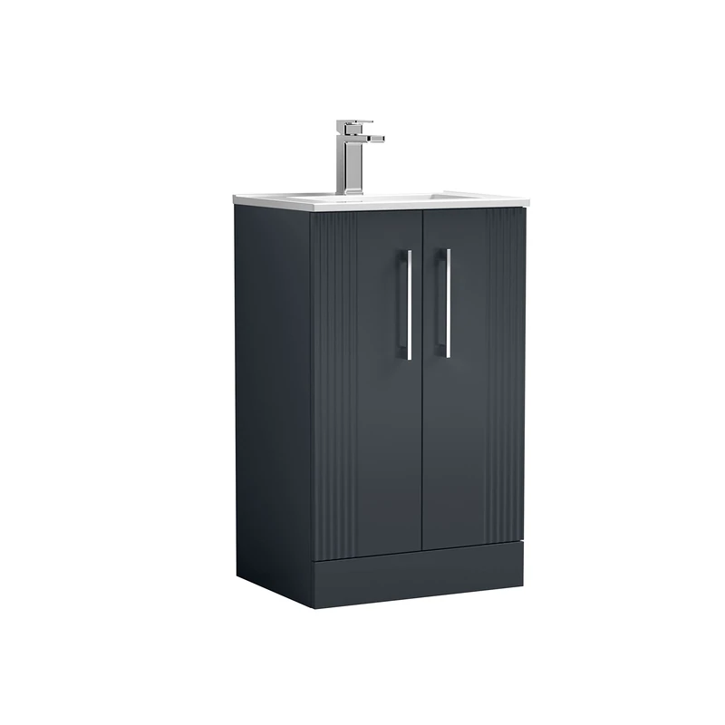 nuie Modern Bathroom Floor Standing 2 Door Part Fluted Vanity Unit with Minimalist Ceramic Basin, Soft Black, 500mm